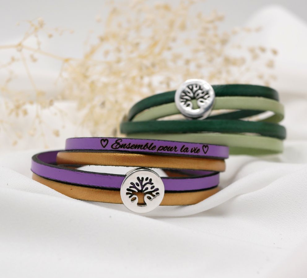 Pulsera árbol de la vida en doble cuero personalizada por grabado