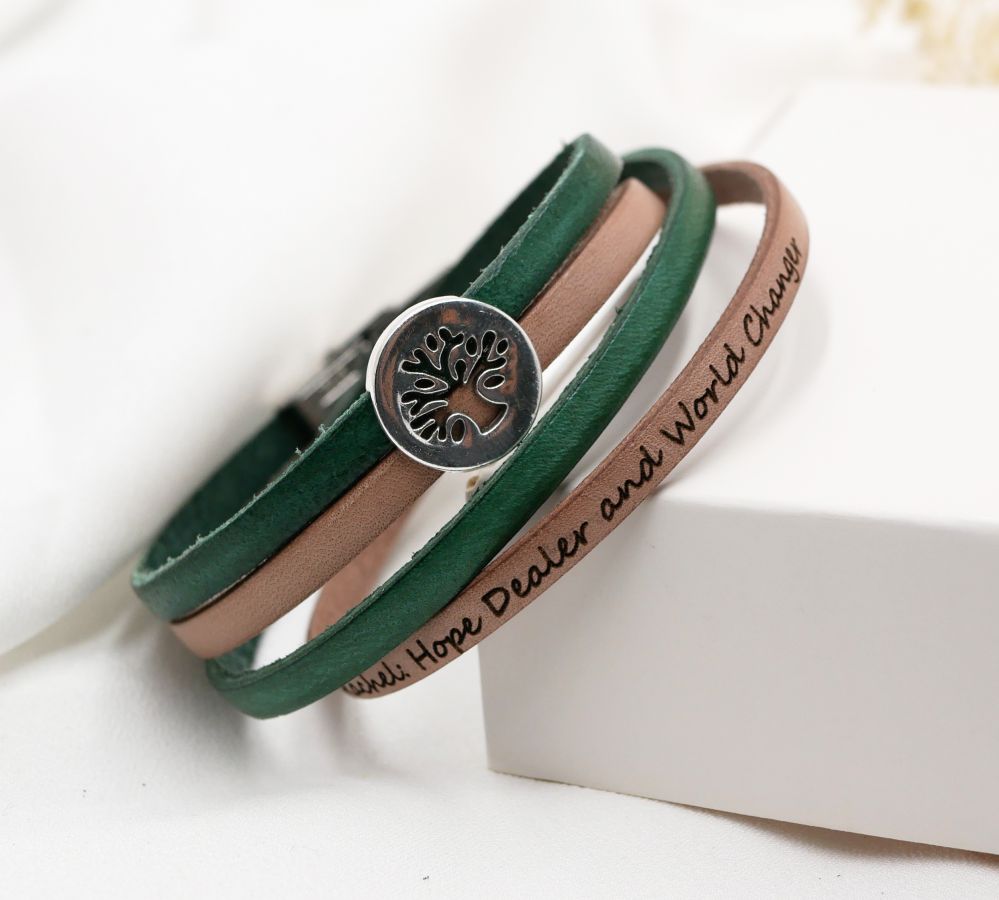 Pulsera árbol de la vida en doble cuero personalizada por grabado