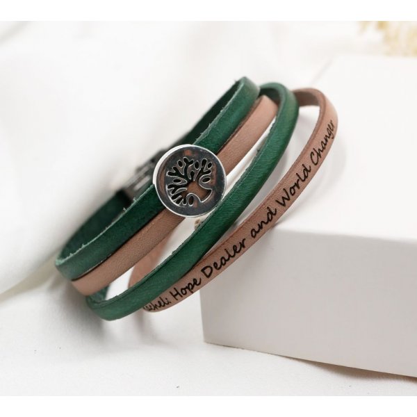 Pulsera &aacute;rbol de la vida en doble cuero personalizada por grabado