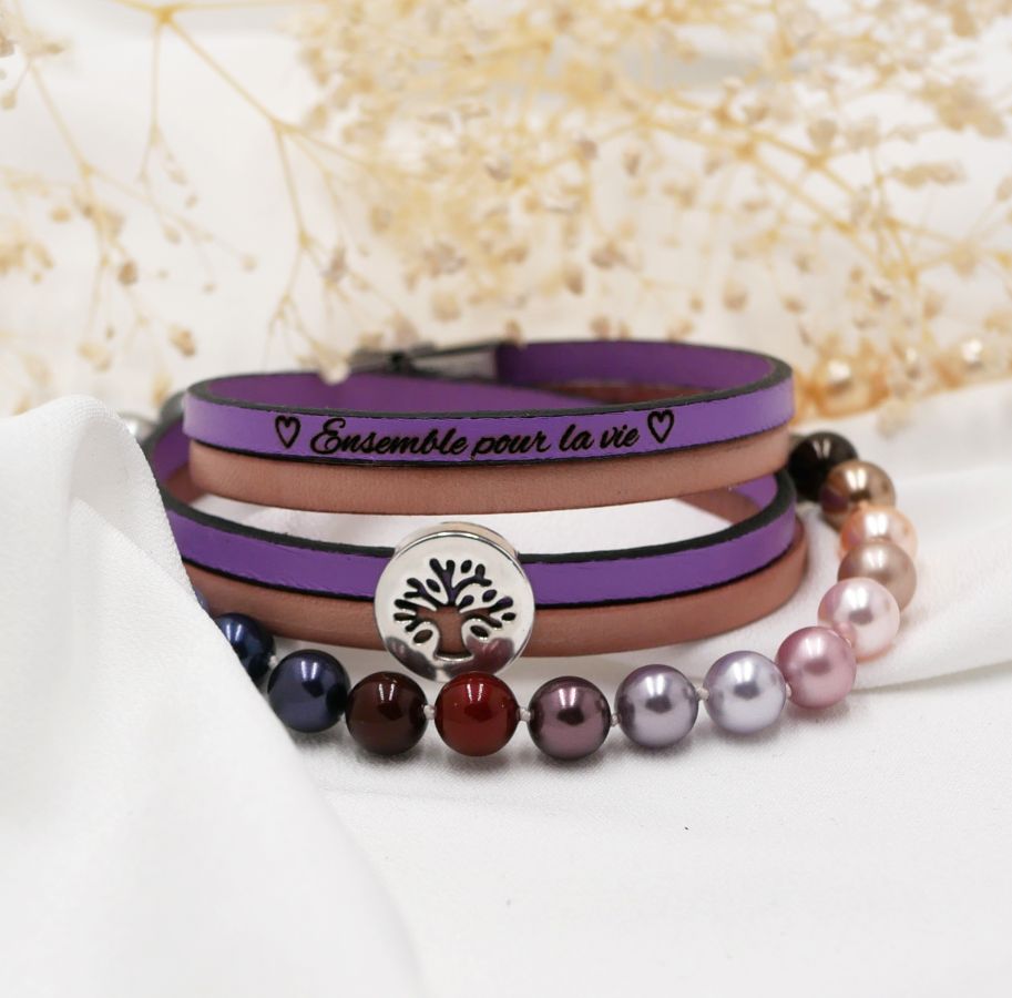 Pulsera árbol de la vida en doble cuero personalizada por grabado