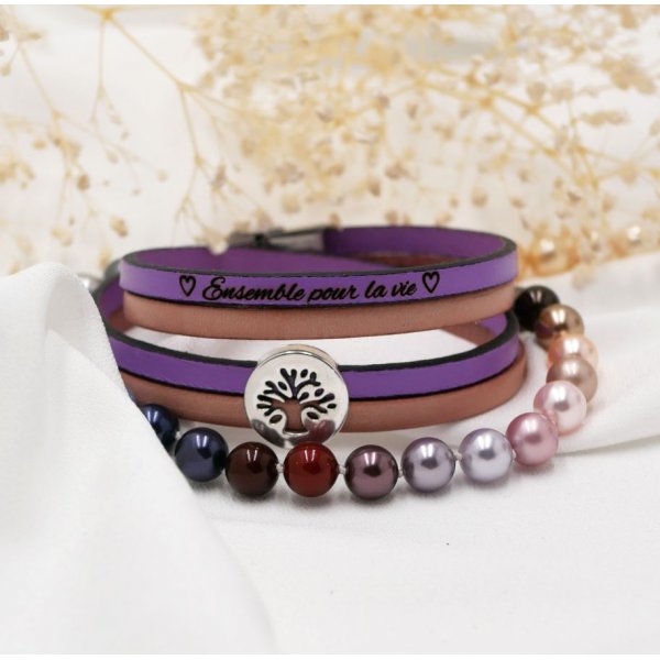 Pulsera &aacute;rbol de la vida en doble cuero personalizada por grabado