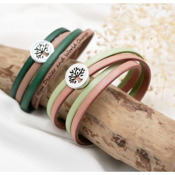Pulsera &aacute;rbol de la vida en doble cuero personalizada por grabado