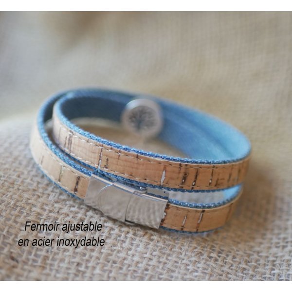 Pulsera &Aacute;rbol de la Vida en corcho y algod&oacute;n Jean en simple, doble o triple vuelta