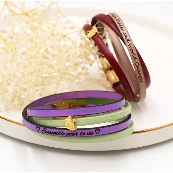 Pulsera Zen de cuero en d&uacute;o de colores, personalizable con ginkgo dorado 