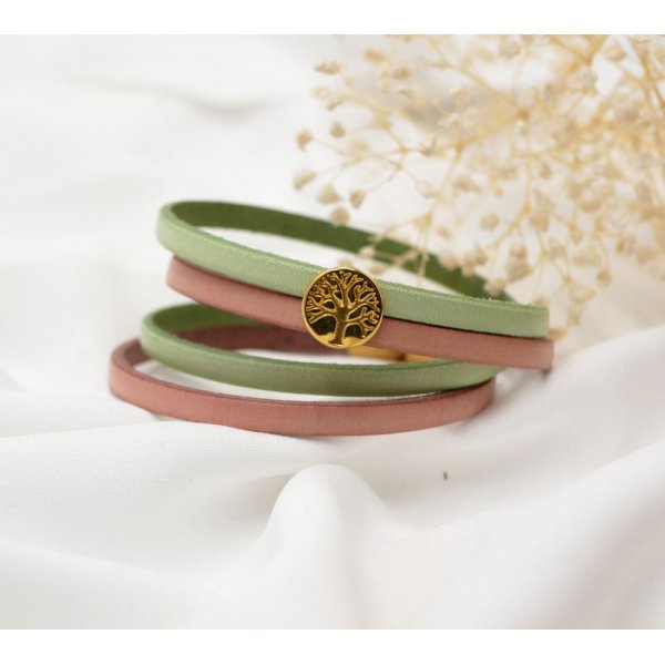 Pulsera de cuero en d&uacute;o de colores, personalizable con cabuj&oacute;n dorado &Aacute;rbol de la Vida