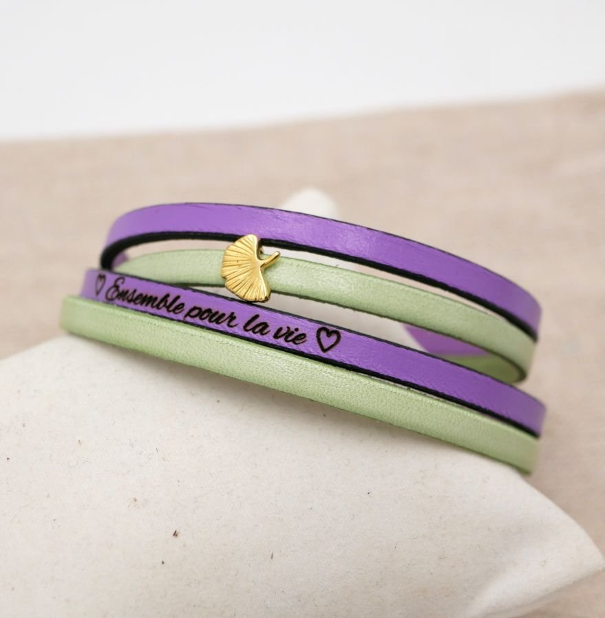 Pulsera Zen de cuero en dúo de colores, personalizable con ginkgo dorado 