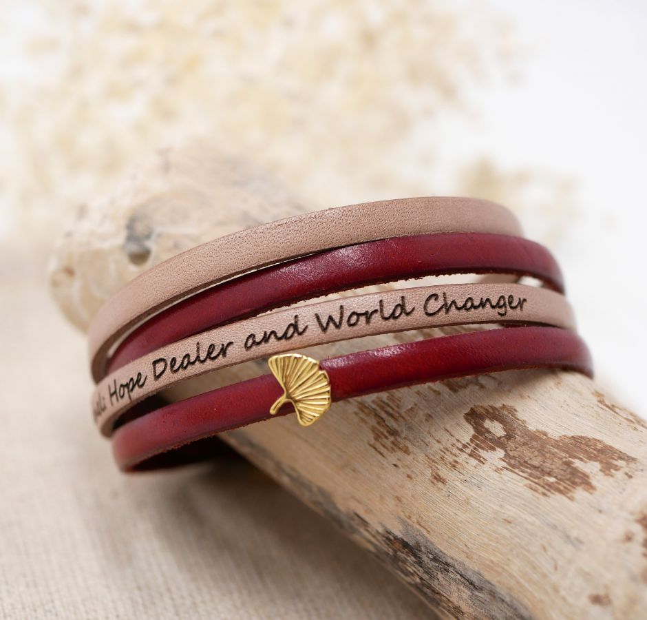 Pulsera Zen de cuero en dúo de colores, personalizable con ginkgo dorado 