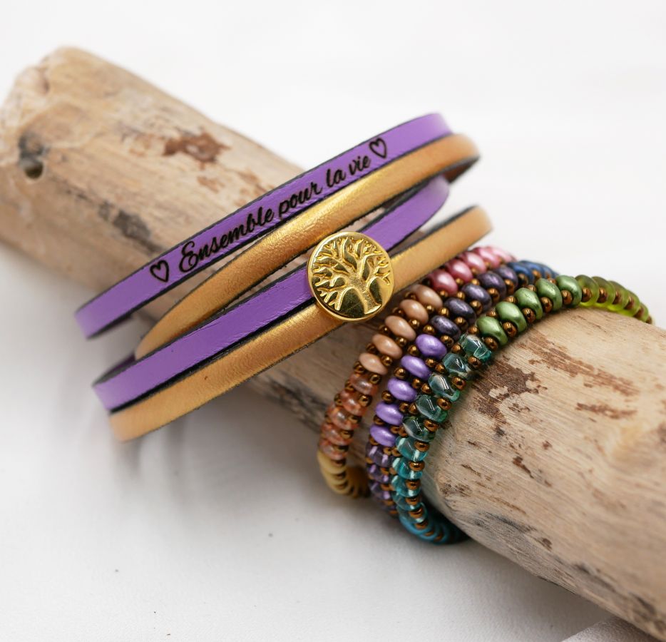 Pulsera de cuero en dúo de colores, personalizable con cabujón dorado Árbol de la Vida