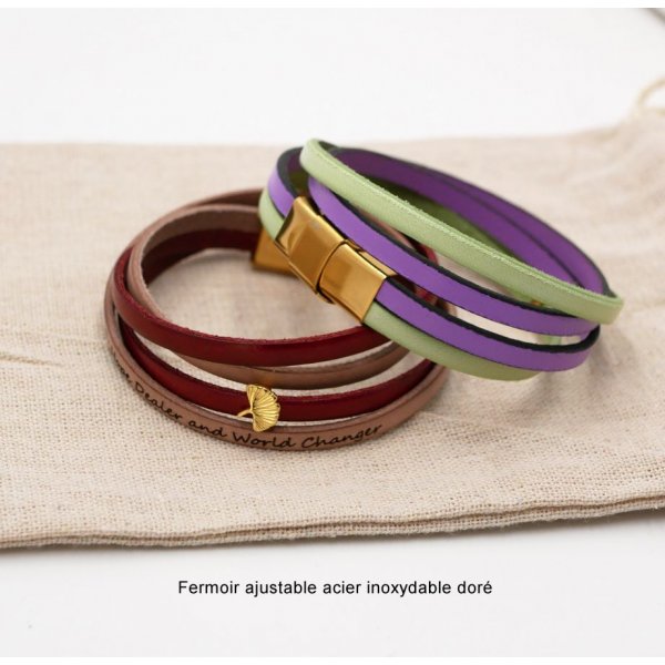 Pulsera Zen de cuero en d&uacute;o de colores, personalizable con ginkgo dorado 
