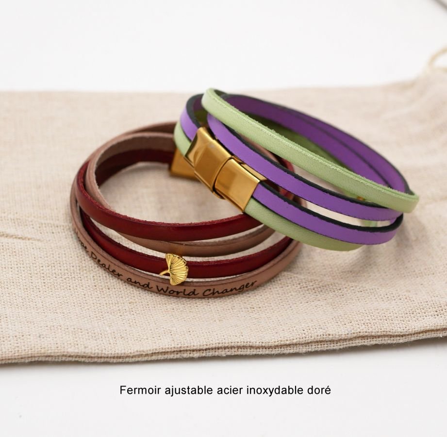 Pulsera Zen de cuero en dúo de colores, personalizable con ginkgo dorado 