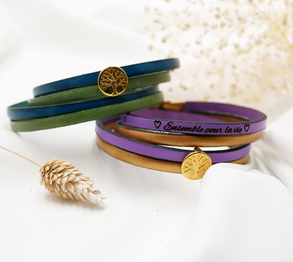 Pulsera de cuero en dúo de colores, personalizable con cabujón dorado Árbol de la Vida