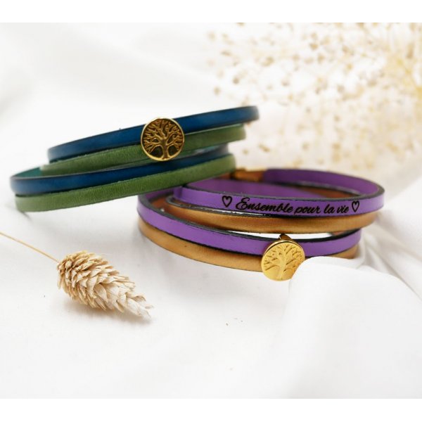 Pulsera de cuero en d&uacute;o de colores, personalizable con cabuj&oacute;n dorado &Aacute;rbol de la Vida