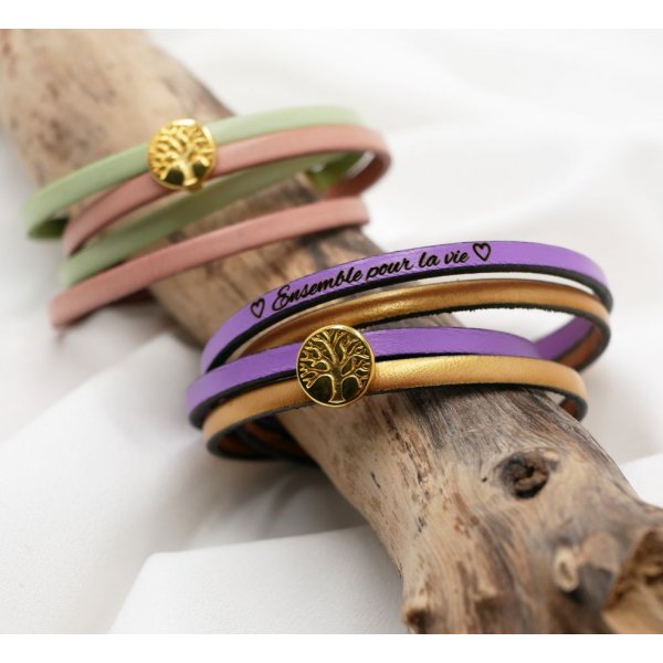 Pulsera de cuero en d&uacute;o de colores, personalizable con cabuj&oacute;n dorado &Aacute;rbol de la Vida