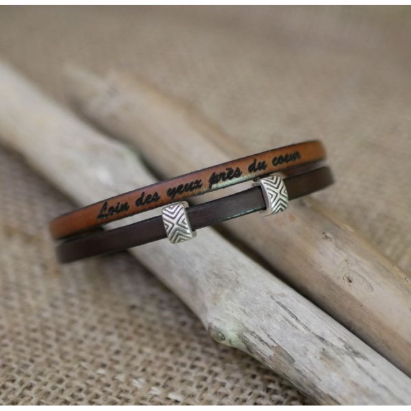 Bracelet cuir en duo passants ethniques personnalisable mixte femme ou homme