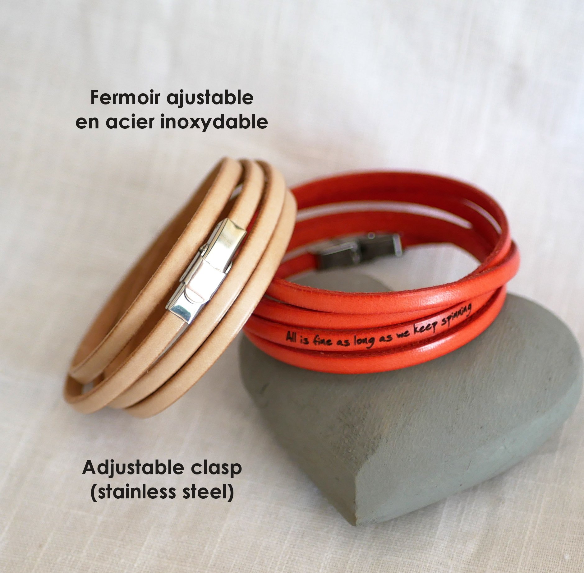 Pulsera de cuero fino de 5 vueltas para hombre o mujer grabada con nombres de pila