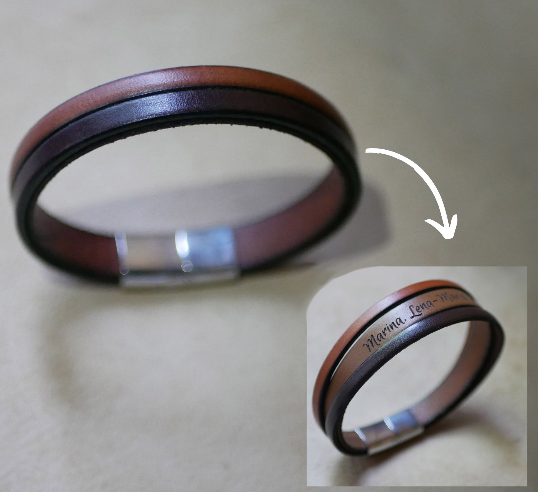 Pulsera de cuero bicolor para hombre con mensaje grabado oculto