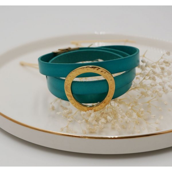 Pulsera de cuero con gran anillo dorado, personalizable para 3 mu&ntilde;ecas