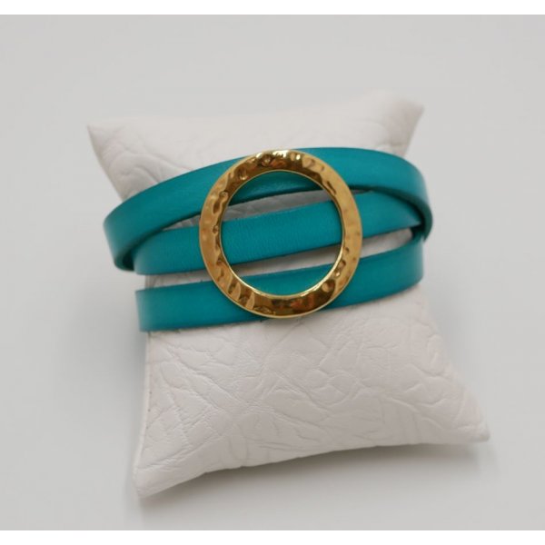 Pulsera de cuero con gran anillo dorado, personalizable para 3 mu&ntilde;ecas