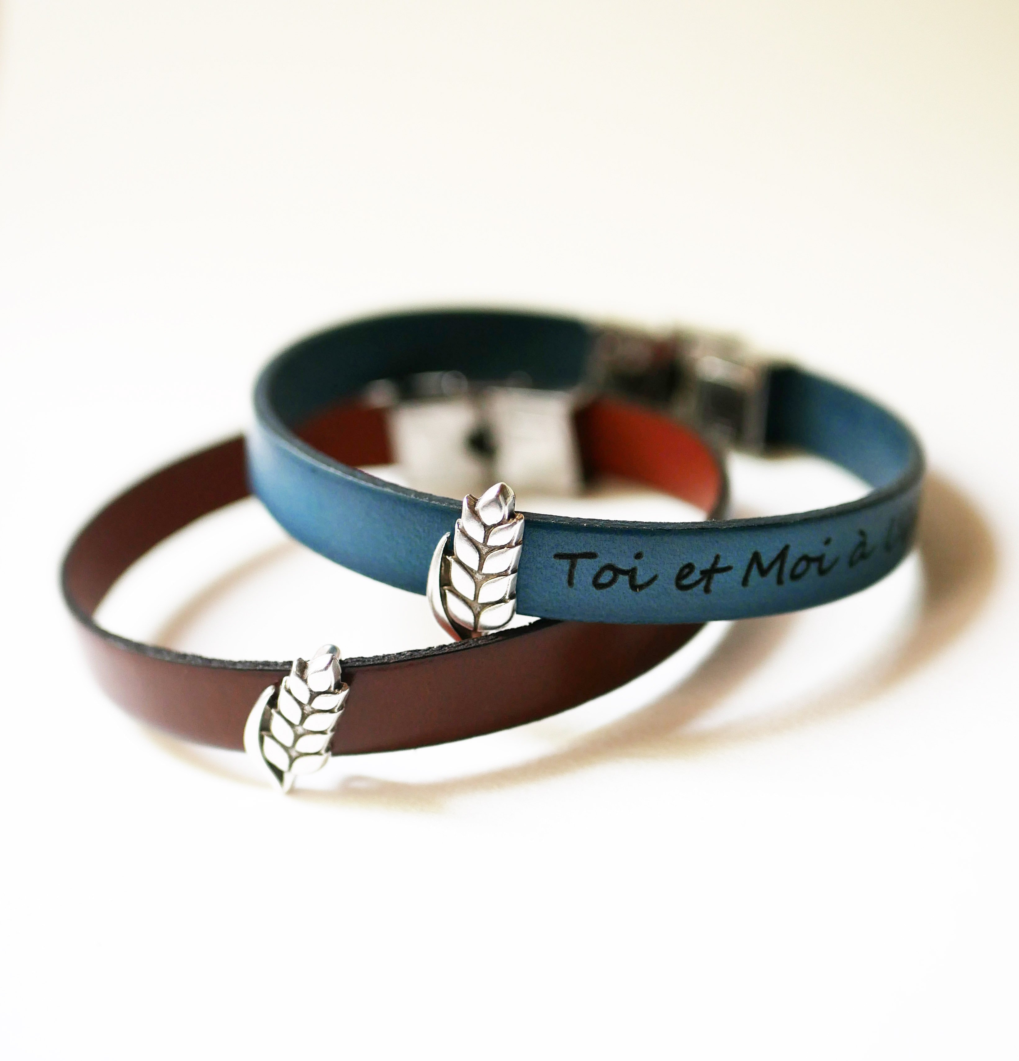 Pulsera y bucle de cuero personalizables Epi de bl&eacute;, noces de froment para hombre y mujer