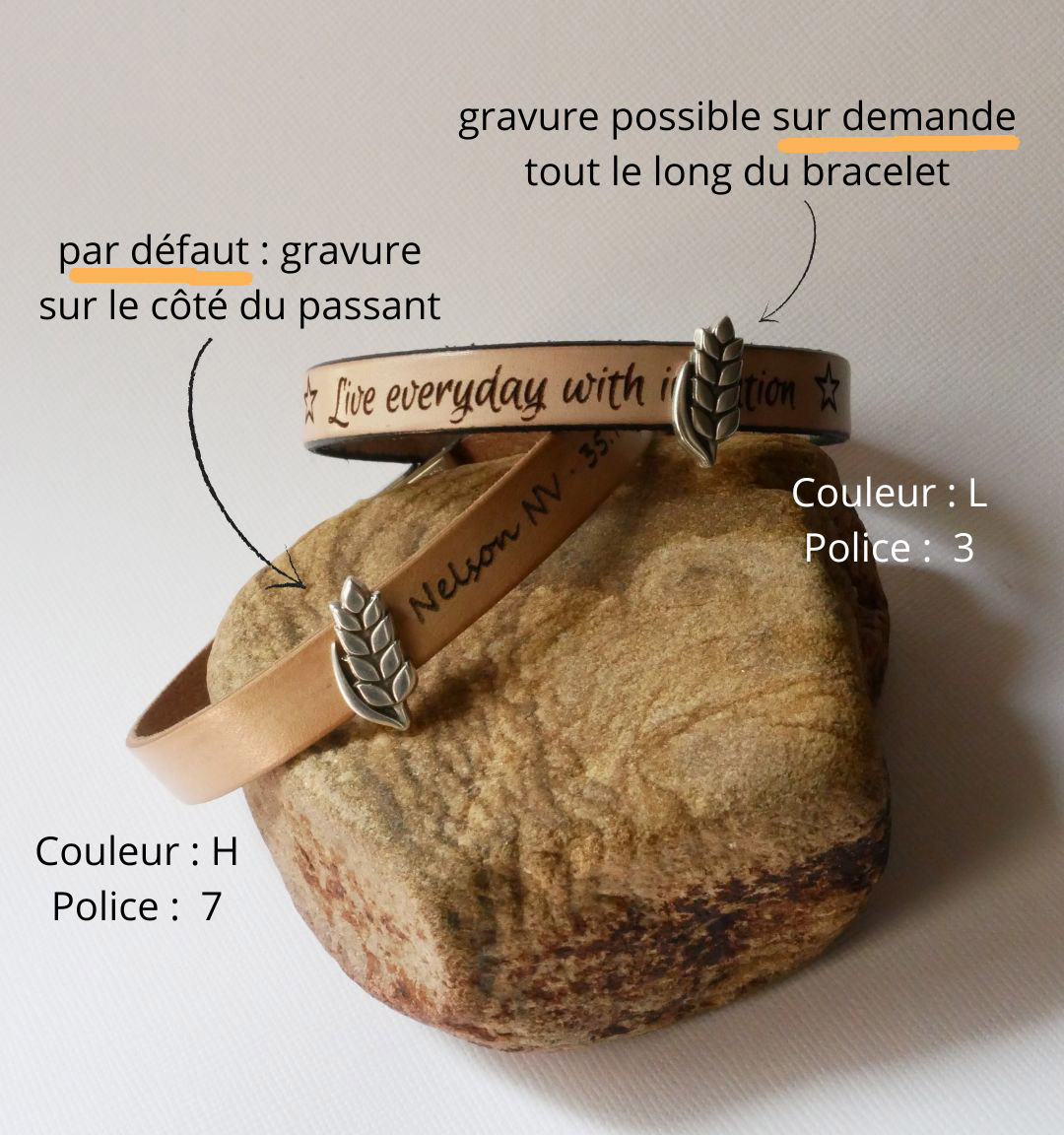 Pulsera y bucle de cuero personalizables Epi de blé, noces de froment para hombre y mujer