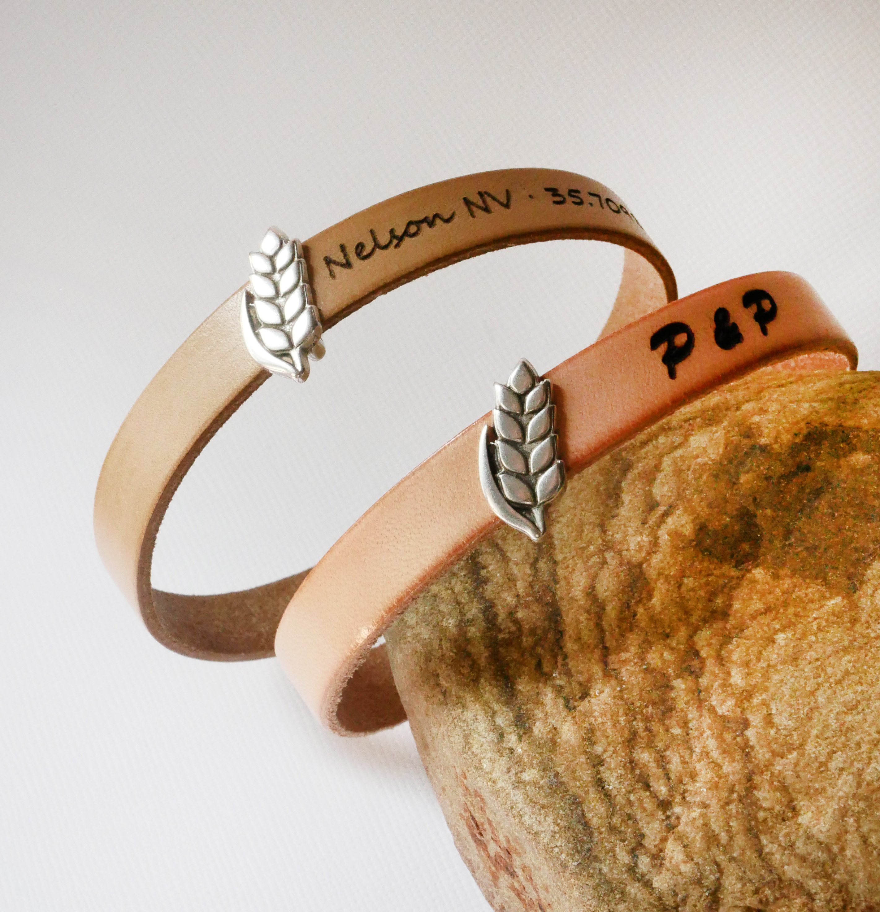 Pulsera y bucle de cuero personalizables Epi de bl&eacute;, noces de froment para hombre y mujer