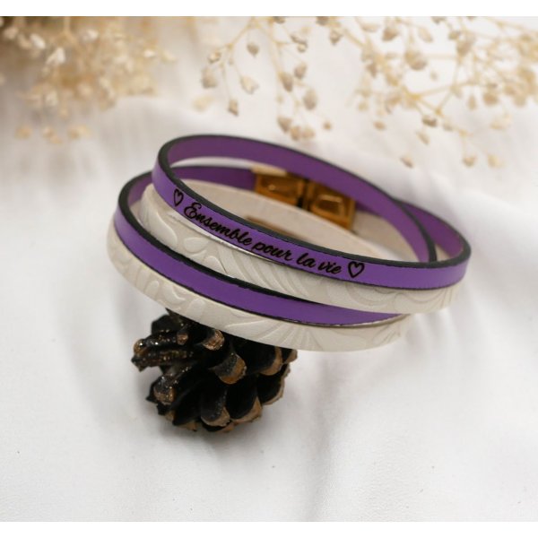 Pulsera doble de cuero blanco con relieve y color a elegir personalizable mediante grabado