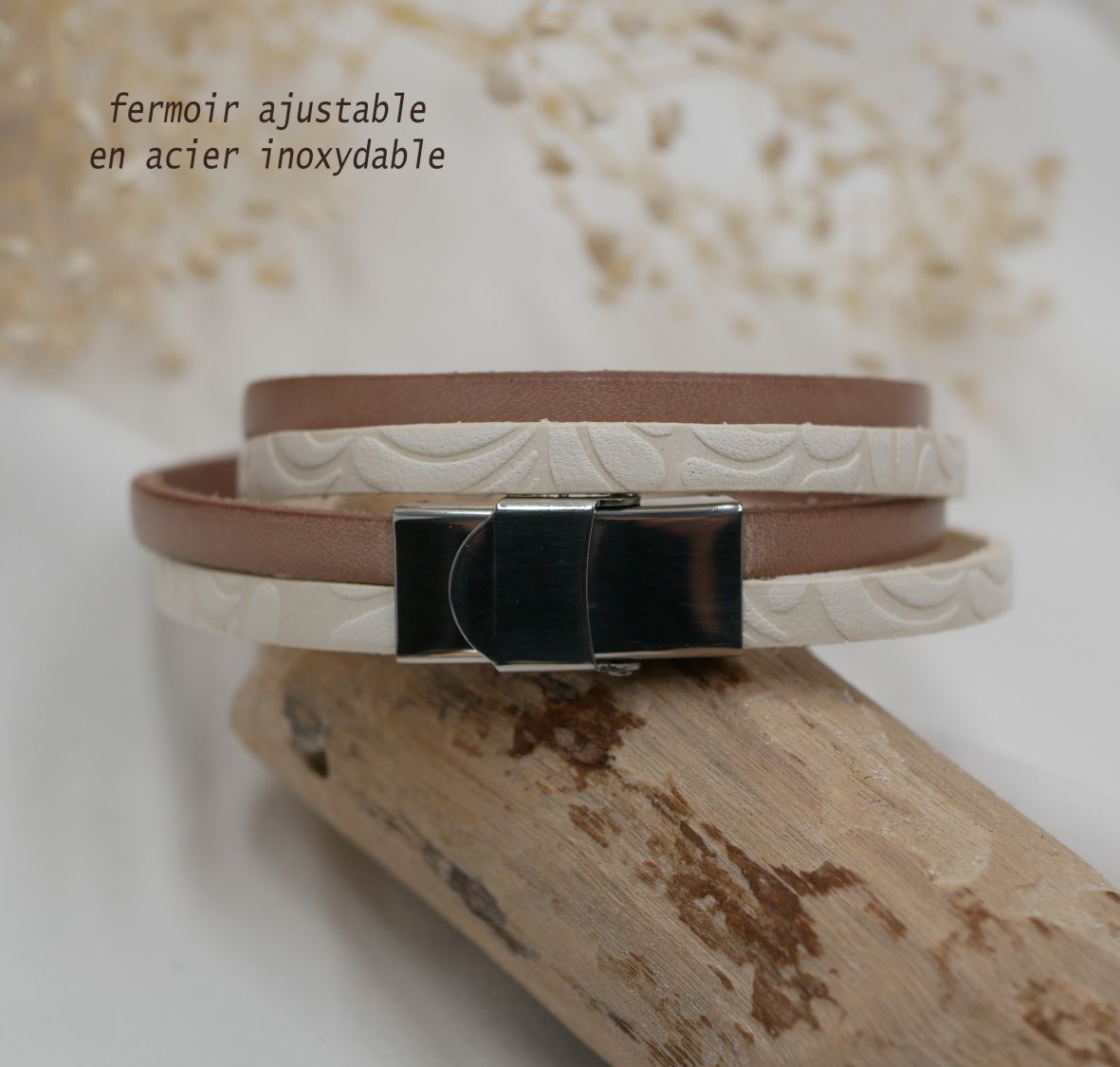 Pulsera doble de cuero blanco con relieve y color a elegir personalizable mediante grabado