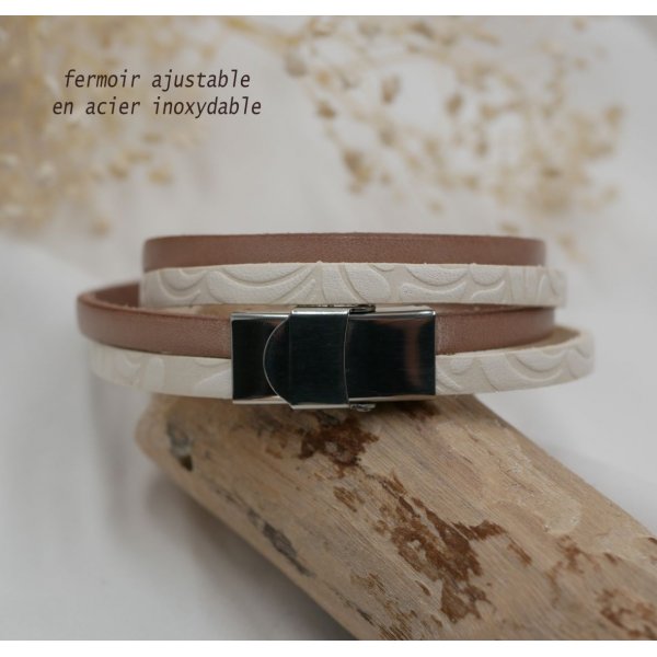 Pulsera doble de cuero blanco con relieve y color a elegir personalizable mediante grabado