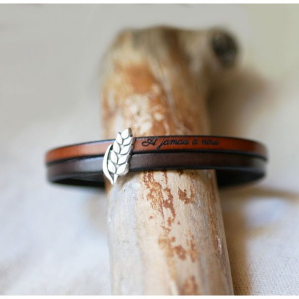 Pulsera d&uacute;o de cuero y espiga de trigo personalizable, boda de trigo hombre y mujer