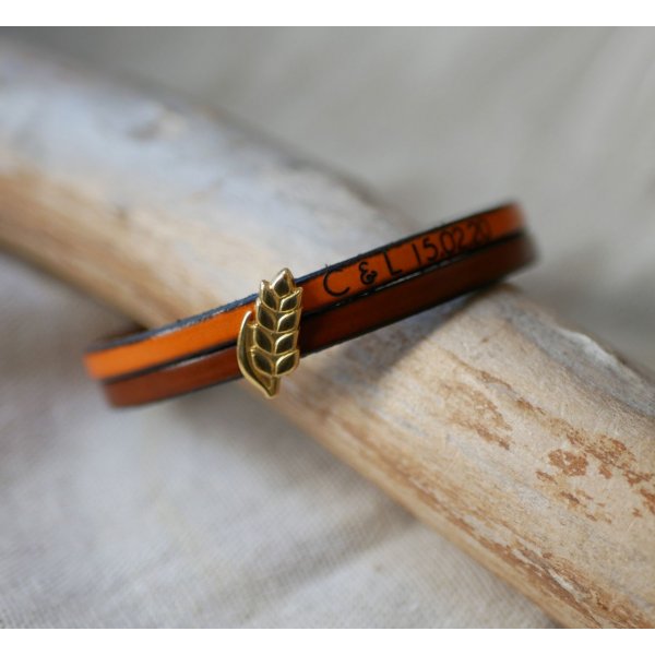 Pulsera d&uacute;o de cuero y espiga de trigo dorada, personalizable, regalo de boda para mujer