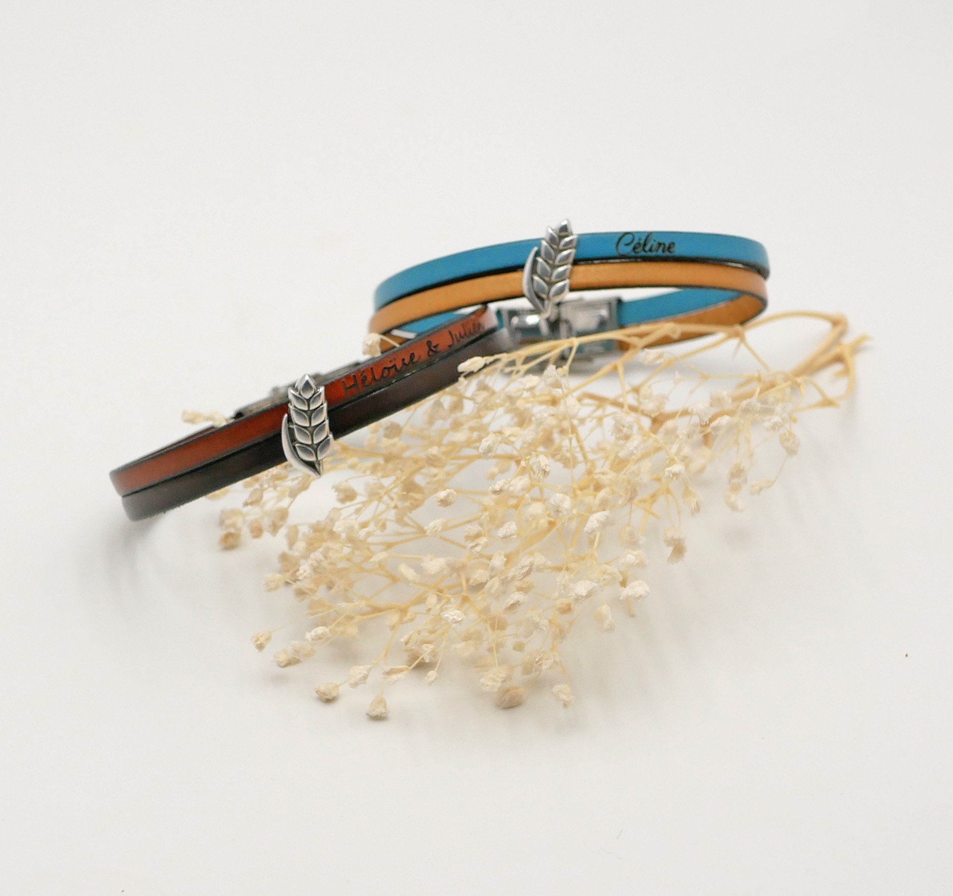 Pulsera dúo de cuero y espiga de trigo personalizable, boda de trigo hombre y mujer