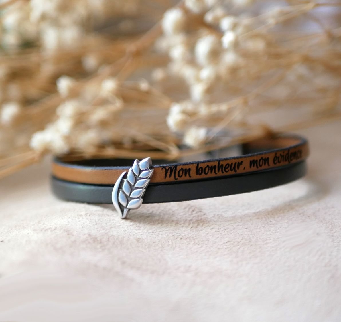 Pulsera dúo de cuero y espiga de trigo personalizable, boda de trigo hombre y mujer