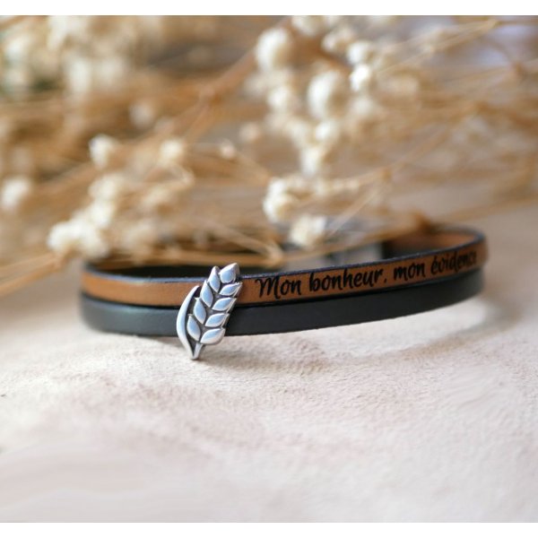 Pulsera d&uacute;o de cuero y espiga de trigo personalizable, boda de trigo hombre y mujer