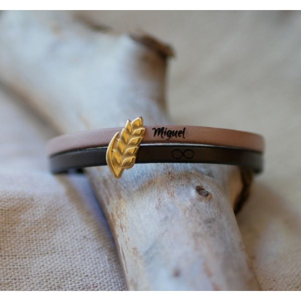 Pulsera d&uacute;o de cuero y espiga de trigo dorada, personalizable, regalo de boda para mujer