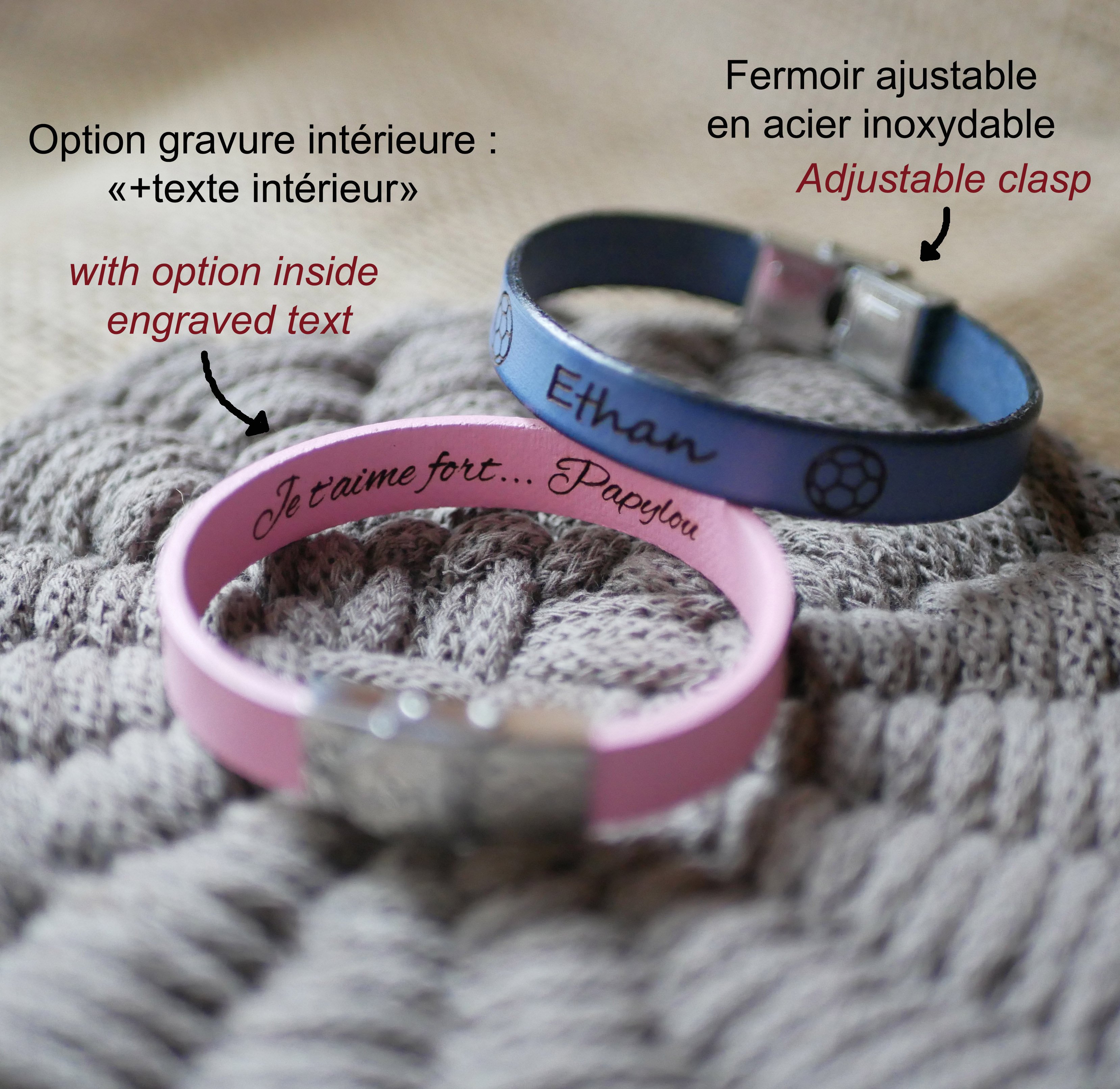 Pulsera de cuero personalizada para niños grabada con un nombre enmarcado con dibujos de su elección