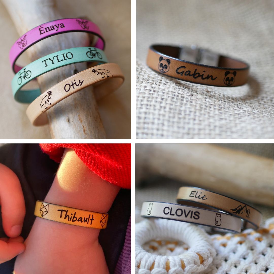 Pulsera de cuero personalizada para niños grabada con un nombre enmarcado con dibujos de su elección