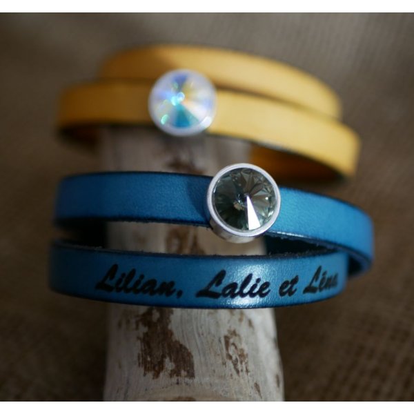 Pulsera de cuero mujer doble vuelta personalizable decorada con un cabuj&oacute;n de cristal Swarovski 