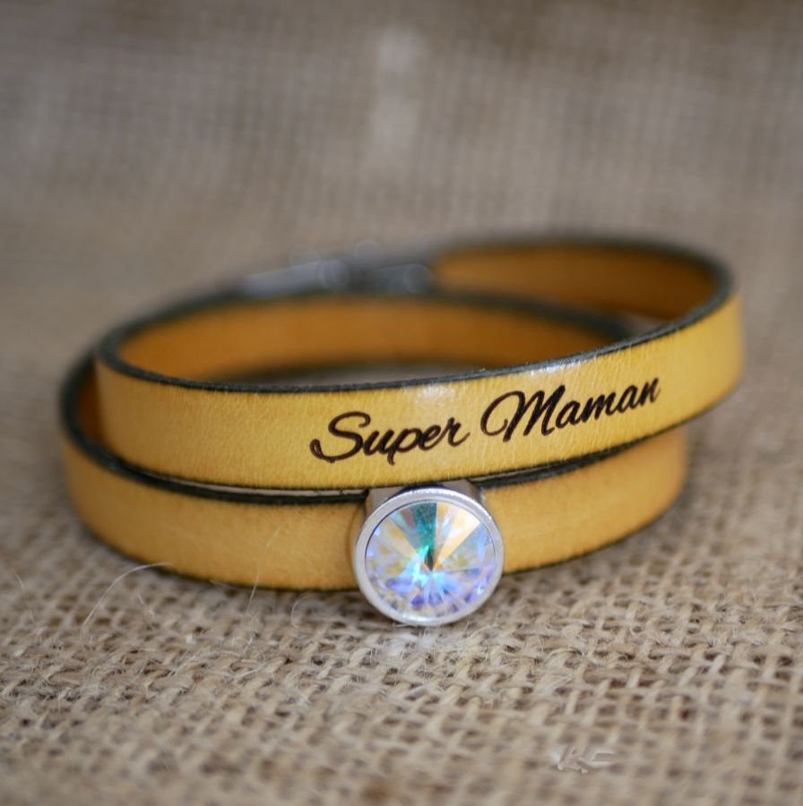 Pulsera de cuero mujer doble vuelta personalizable decorada con un cabujón de cristal Swarovski 