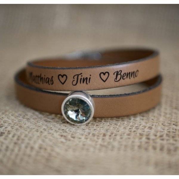 Pulsera de cuero mujer doble vuelta personalizable decorada con un cabuj&oacute;n de cristal Swarovski 