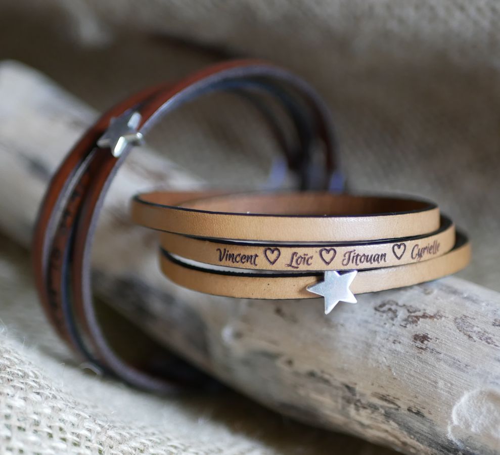 Pulsera de cuero para mujer, personalizable, diseño estrella plateada