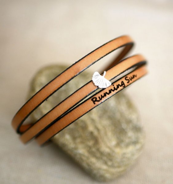 Pulsera de cuero mujer multi-tours Ginkgo hoja de plata personalizada 