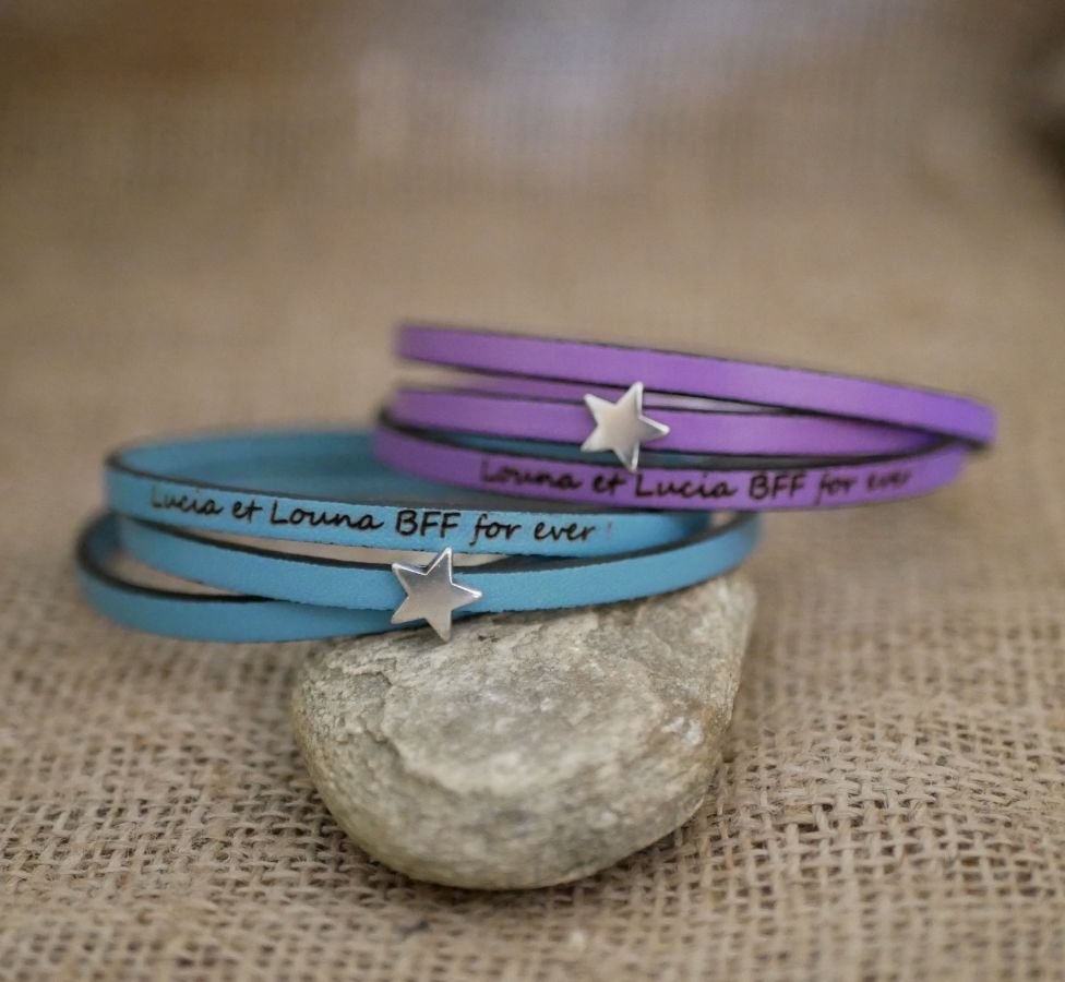 Pulsera de cuero para mujer, personalizable, diseño estrella plateada