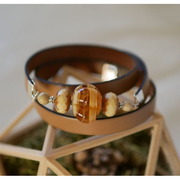 Pulsera de mujer Cuero y cuentas Lampwork triple vuelta para personalizar 