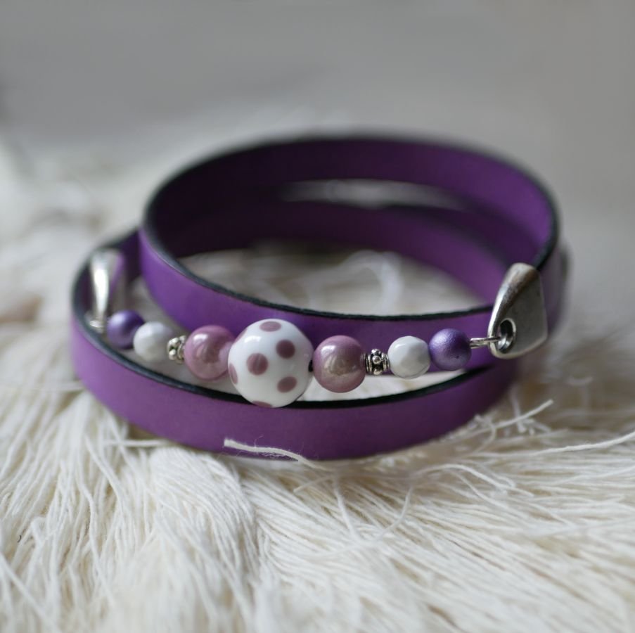 Pulsera de cuero y perlas para mujer, Malva, a personalizar 