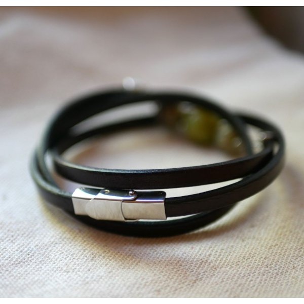 Pulsera de cuero verde turquesa y cuentas de cer&aacute;mica para mujer personalizable 