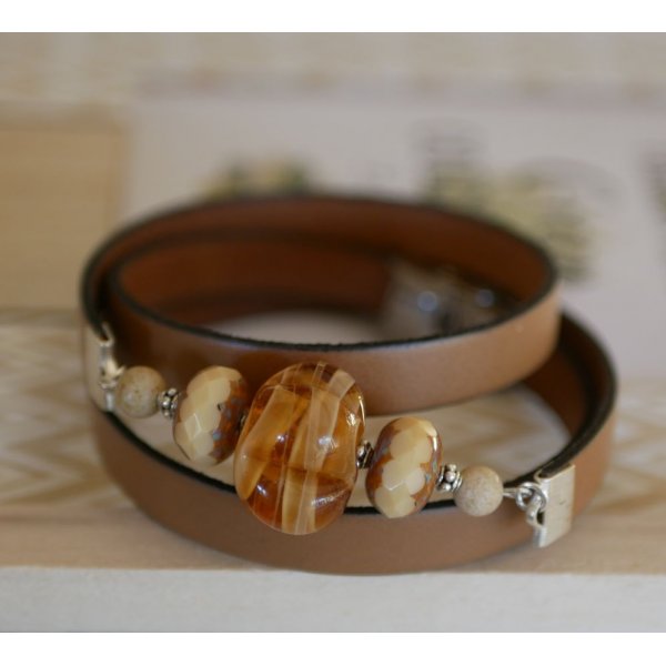 Pulsera de mujer Cuero y cuentas Lampwork triple vuelta para personalizar 