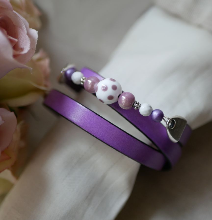 Pulsera de cuero y perlas para mujer, Malva, a personalizar 