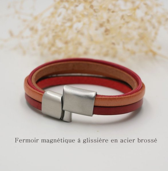 Pulsera de cuero para mujer en brazalete Rojo, Melocot&oacute;n, Coral, Beige