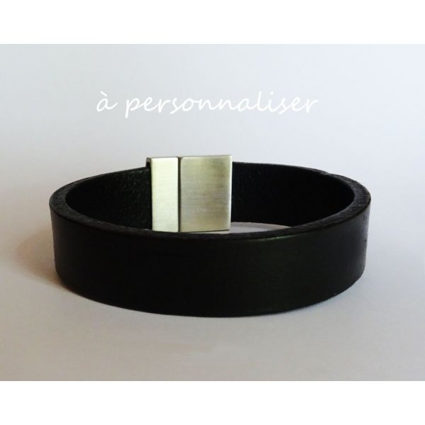 Bracelet Homme en cuir noir magn&eacute;tique &agrave; graver