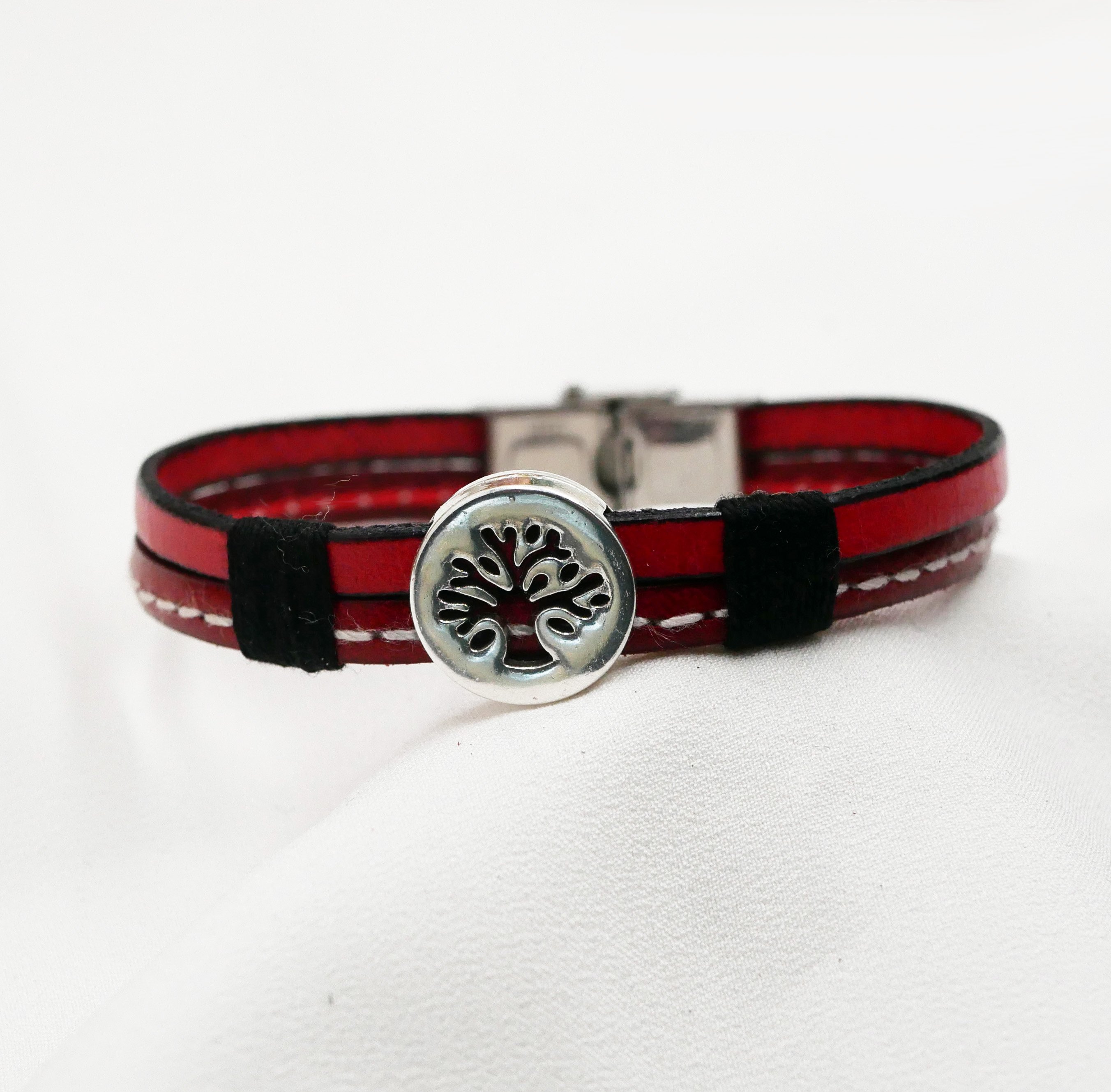 Pulsera para hombre en dúo de cuero rojo con pespuntes Árbol de la vida personalizable 